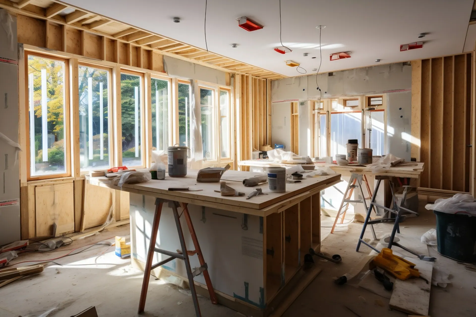 Interior under construction with open framing, sawhorses and work in progress