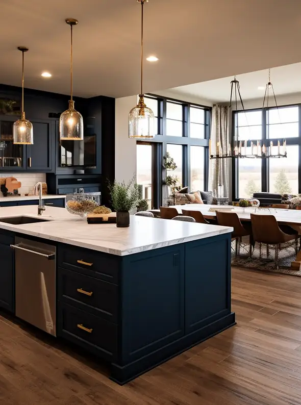 Kitchen island with navy cabinetry, a marble countertop and brass pendant lights