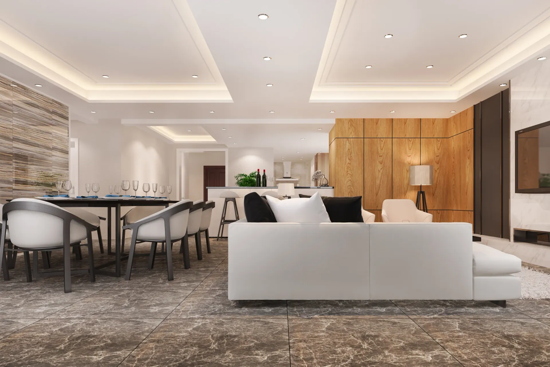 Living and dining area finished in a consistent palette of wood, stone and neutral fabrics