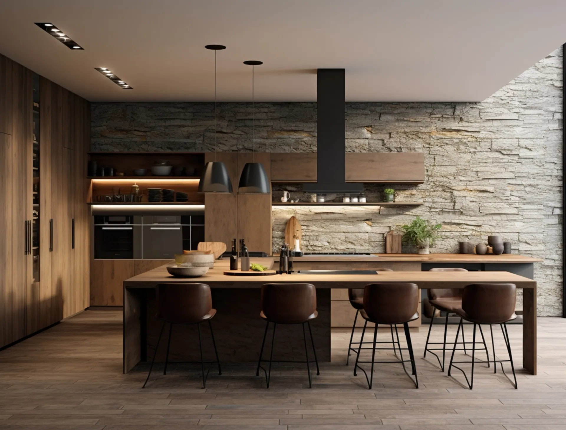 Kitchen layout with a full cabinetry wall, open shelving and a long counter with seating